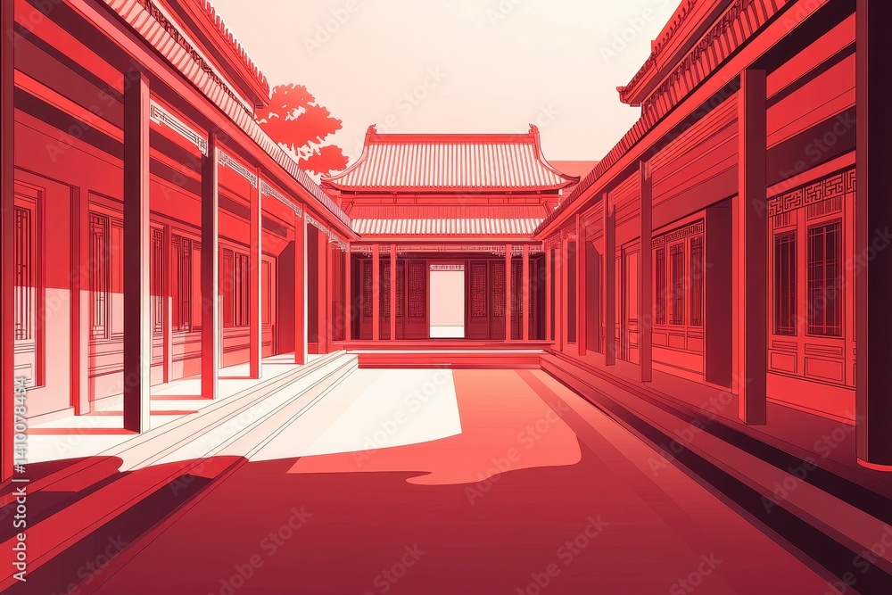 Obraz premium Serene Courtyard Scene in Traditional Architecture with Red Hues