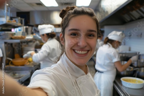 joyful young woman taking a selfie during a cooking class in a professional kitchen