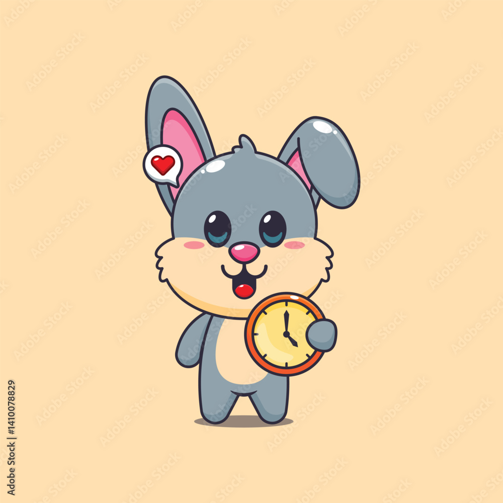 Fototapeta premium Cute rabbit cartoon vector illustration with clock