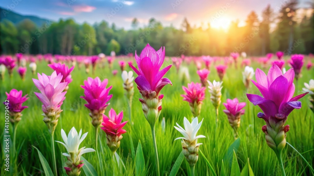 Fototapeta premium Colorful Siam tulip flowers blooming in a lush green meadow with tall grasses and wildflowers , green field, nature