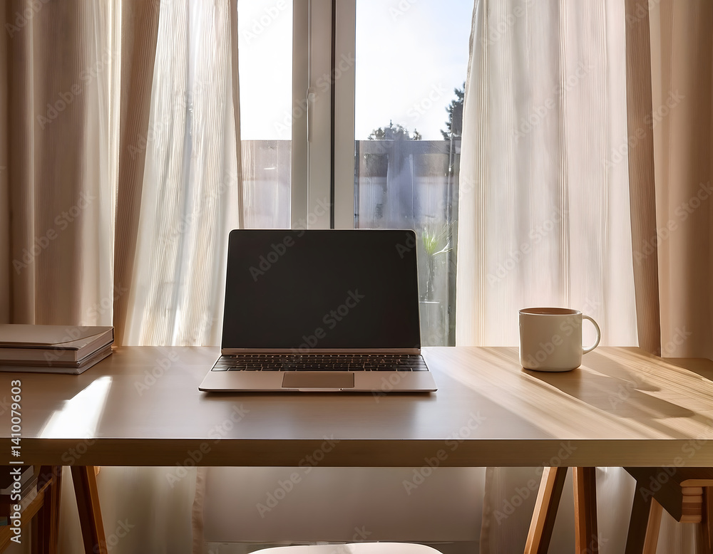 Fototapeta premium A serene workspace featuring a laptop on a wooden desk, illuminated by natural light through sheer curtains, with a coffee cup nearby