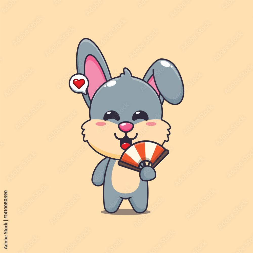Obraz premium Cute rabbit cartoon vector illustration with hand fan