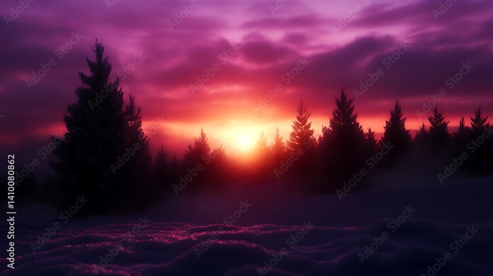 Vivid winter sunset through a dense forest. Vivid winter sunset through a dense forest.