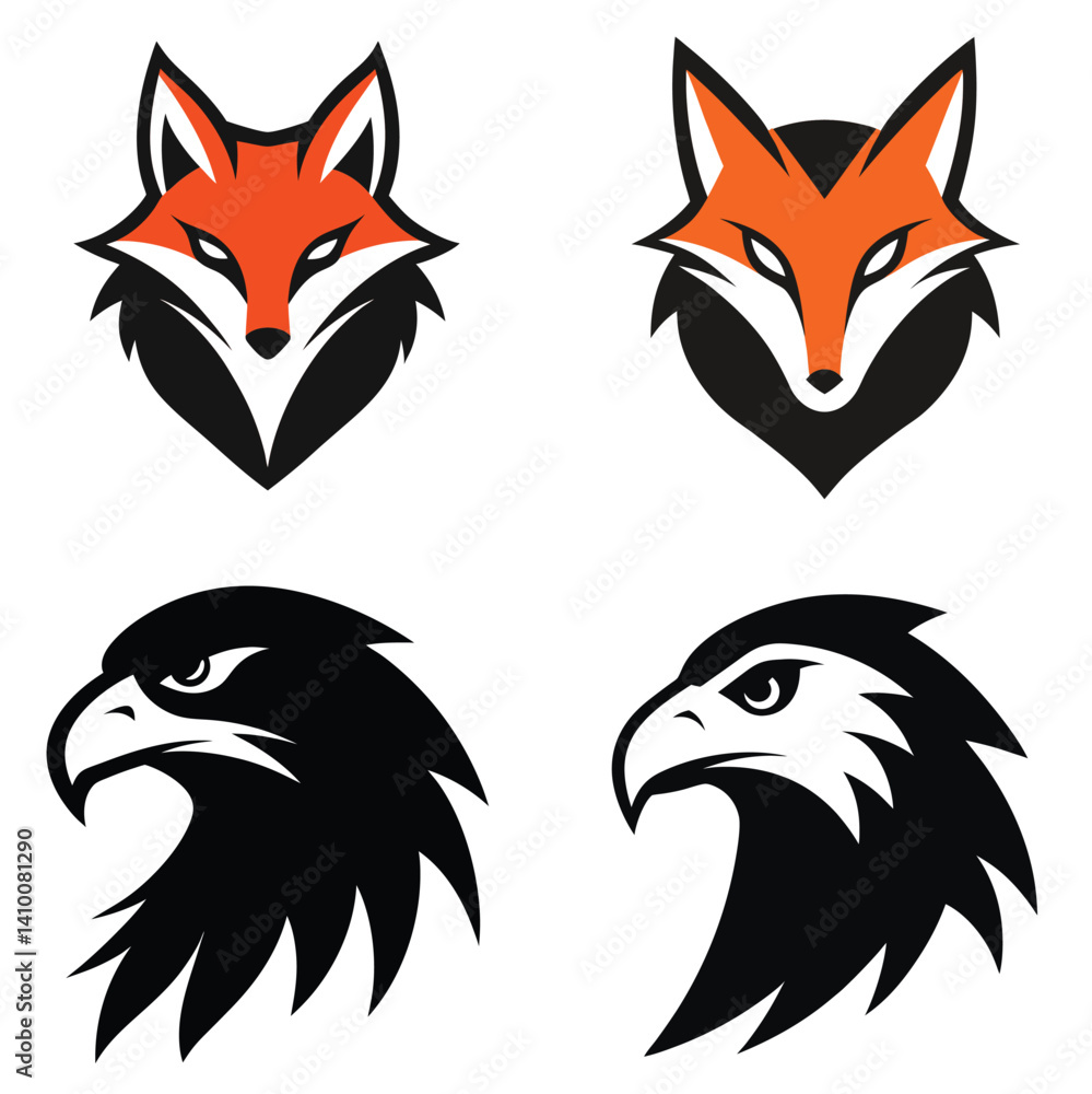 Obraz premium Symbolic Animal Heads: A collection of four stylized animal head emblems, each one meticulously rendered to capture the essence of these creatures.
