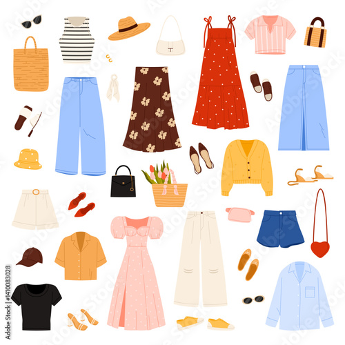 Fashion casual women clothes set. Summer long dress and skirt of romantic girl, straw hat and bag with flowers, denim pants and footwear in comfort outfit collection cartoon vector illustration