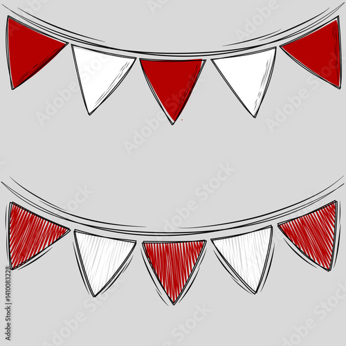 Indonesian National Day Decoration – Triangle Red and White Flag Garland in Doodle Style