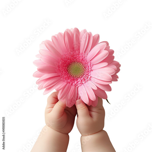 A child's hands gently hold a vibrant pink flower against a plain background, symbolizing innocence and beauty