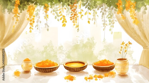 hand-sketched Indian haldi ceremony setup, yellow blooms, bowls of turmeric, cozy boho seating, watercolor style,