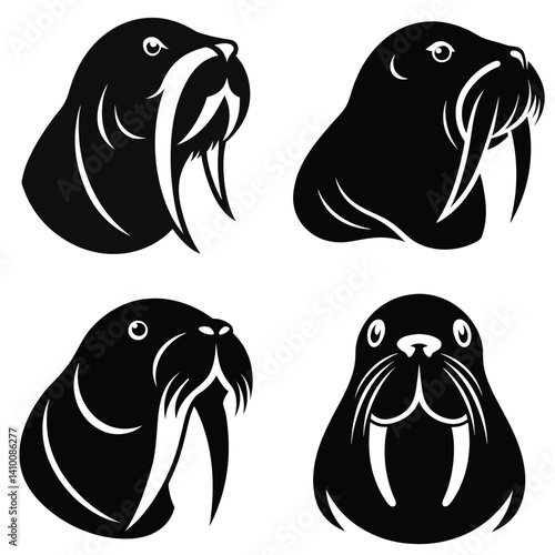 Walrus Face Silhouette Collection: A striking series of graphic representations of walrus faces, each rendered in a bold black silhouette.