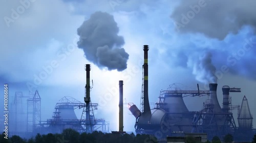 Dark Stormy Clouds Over Industrial Plant With Tall Smokestacks