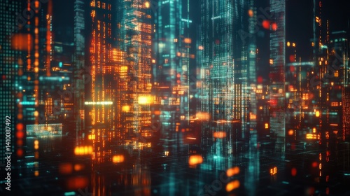 Wallpaper Mural Futuristic cityscape with glowing data streams at night (1) Torontodigital.ca