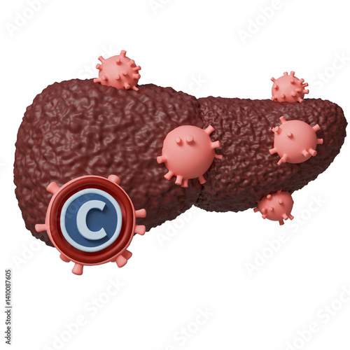 Medical and health science 3d icon. Liver with hepatitis C virus indicating cirrhosis from viral infection.