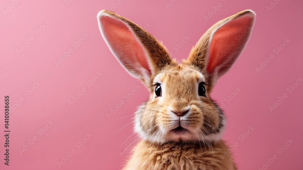 Obraz premium A white rabbit with large ears and wide, expressive eyes is pictured against a pink background.