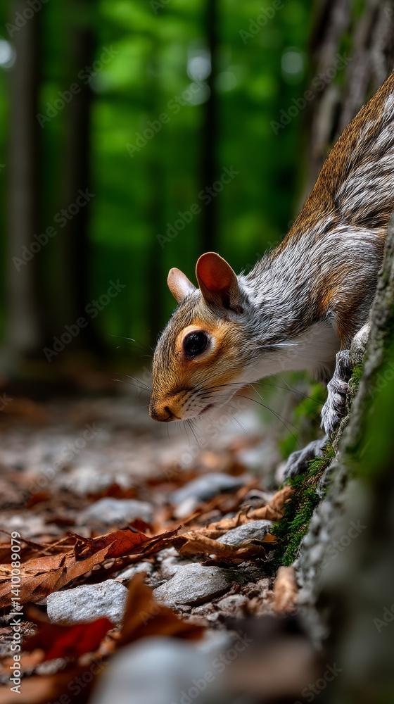 Fototapeta premium Eastern Gray Squirrel Exploring Lush Forest Trail Wildlife Photography Natural Habitat Close-Up Perspective