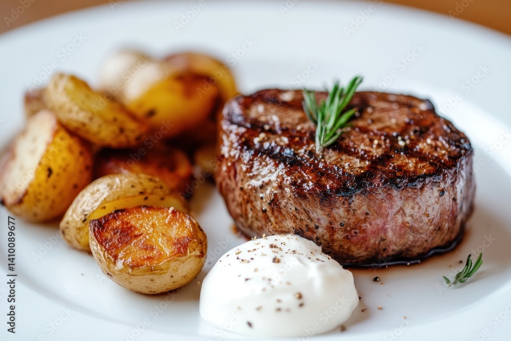 Grilled steak with roasted potatoes and creamy sauce on a white plate. Grilled steak with roasted potatoes and creamy sauce on a white plate.