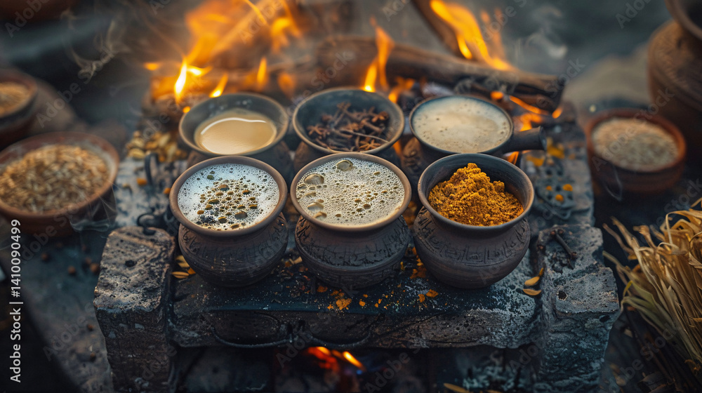 chai with traditional spices on a roadside stove, surrounded by cups and ingredients, capturing the essence of local cuisine chai with traditional spices on a roadside stove, surrounded by cups and ingredients, capturing the essence of local cuisine