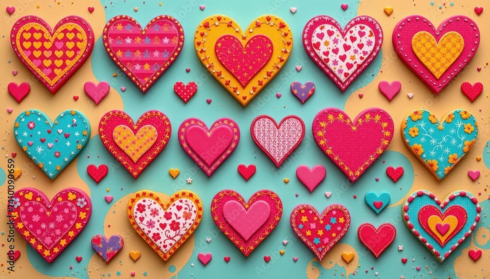 Fototapeta premium Funky Retro Heart Designs: Create a lively composition using retro style heart shapes with bold patterns and bright colors against a playful backdrop.