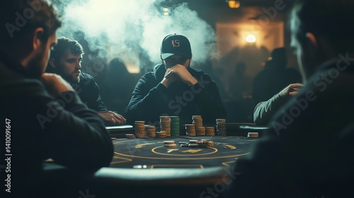 Poker Game in Smoky Room Players Around the Table Gambling Concept