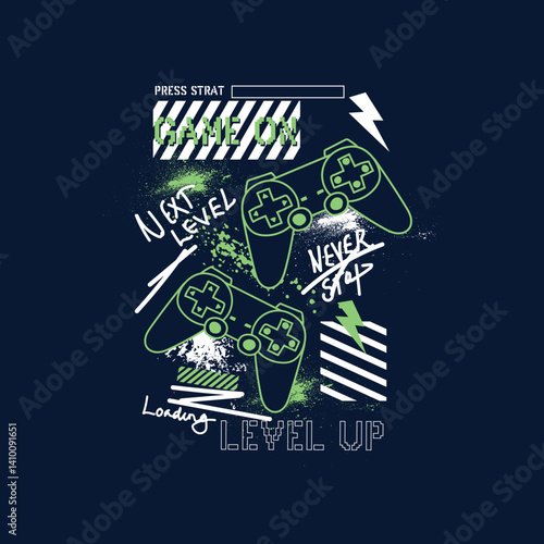 Game On Level Up joystick gamepad grunge splatter vector illustration graphic tee