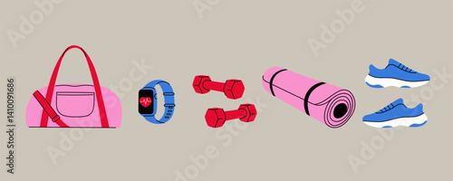 Fitness equipment set. Flat illustration of gym bag, smartwatch, dumbbells, yoga mat, and sneakers. Ideal for workout guides, fitness apps, blog graphics, and social media posts.