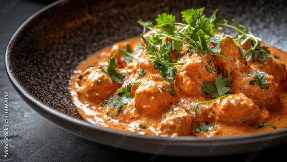 Bowl of orange curry with meat and green herbs on dark surface. Bowl of orange curry with meat and green herbs on dark surface.
