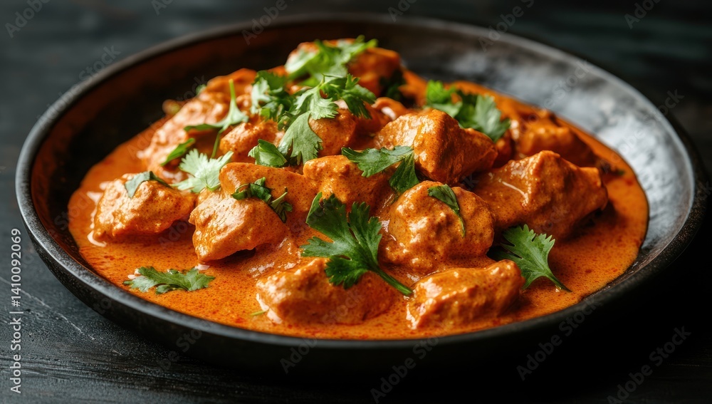 Bowl of chicken curry with cilantro garnish on a dark surface. Bowl of chicken curry with cilantro garnish on a dark surface.