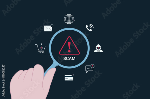 Vector art scam alert warning with cybersecurity Icons. Hand holding magnifying glass highlighting warning sign for scams with icons representing online threats
