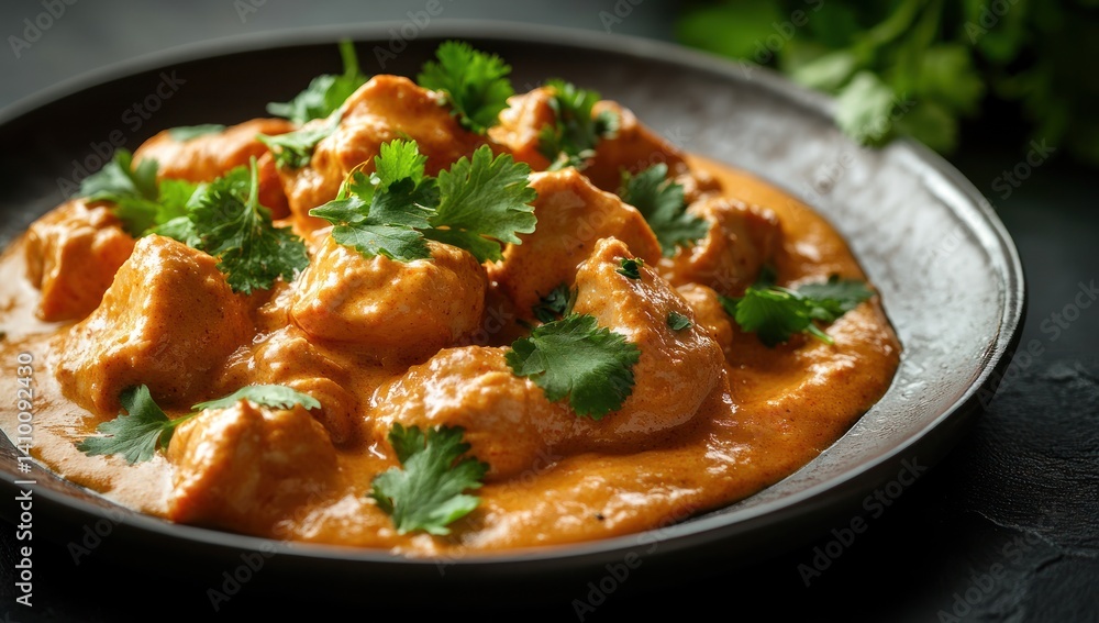 Chicken dish with sauce and cilantro on a plate. Chicken dish with sauce and cilantro on a plate.