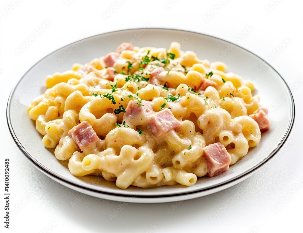 Macaroni and cheese with ham cubes served on a white plate. Macaroni and cheese with ham cubes served on a white plate.