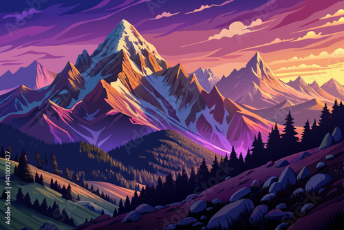 swiss alps mountains in the summer at sunset time, cartoon design Flat style illustration vector, peaks landscape