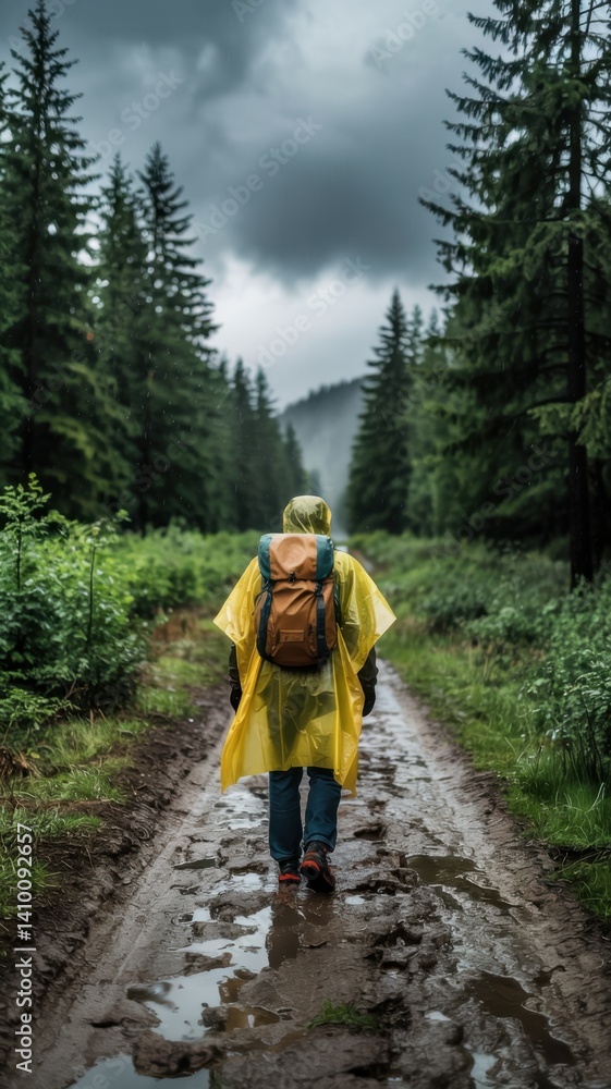 Obraz premium Hiker in yellow raincoat walking through muddy forest trail during cloudy weather