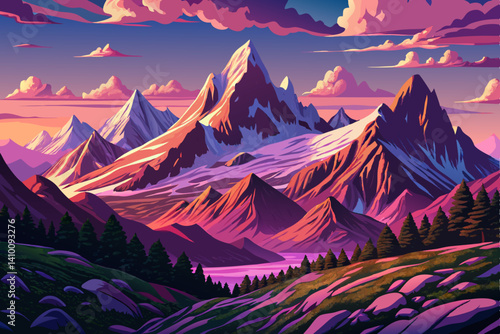 swiss alps mountains in the summer at sunset time, cartoon design Flat style illustration vector, peaks landscape