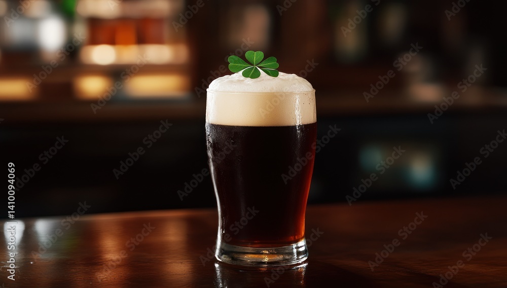 Dark beer with white foam and shamrock on a bar surface. Dark beer with white foam and shamrock on a bar surface.