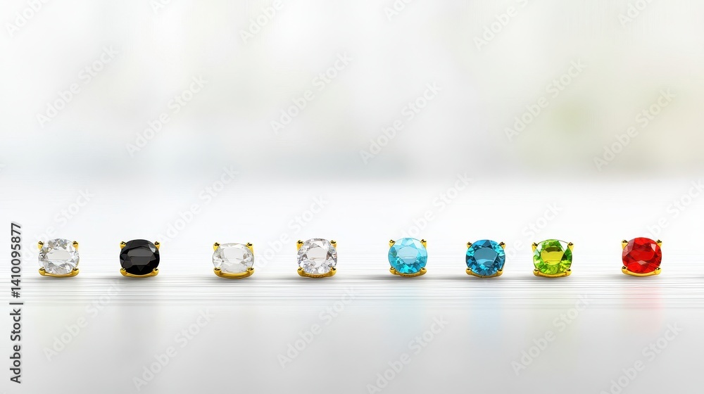 A row of eight elegant gold stud ears displays various colorful gemstones including black onyx, white topaz, and vibrant red ruby showcasing exquisite jewelry options. A row of eight elegant gold stud ears displays various colorful gemstones including black onyx, white topaz, and vibrant red ruby showcasing exquisite jewelry options.