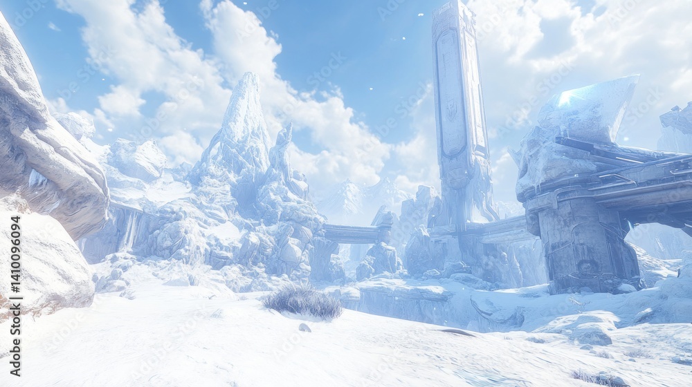 Fototapeta premium Frozen Fantasy Landscape: A Breathtaking Winter Wonderland with Ancient Ruins