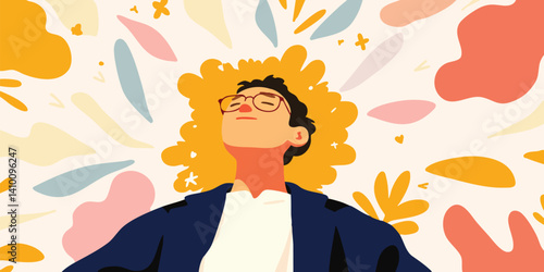 A man experiences a moment of peaceful introspection and mental clarity amidst a vibrant tapestry of abstract, organic shapes and forms, evoking a sense of tranquility and mindfulness.