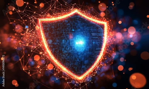 Digital shield with glowing network connections.