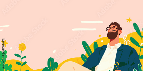 A thoughtful figure, adorned with spectacles and a full beard, reclines in a picturesque garden, serenely observing the floral environment, in a vibrantly stylized artistic illustration.