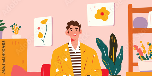 A young man with a cheerful smile, radiating positive vibes, enjoys a moment of tranquility in his cozy home, surrounded by plants and art.
