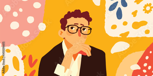A young man wearing glasses thoughtfully ponders with his hand on his chin, surrounded by colorful abstract shapes, creating a visually stimulating and introspective scene.