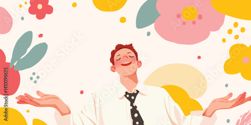 An illustration depicts a relaxed individual surrounded by an array of floral elements, the scene exudes a sense of freedom and contentment.