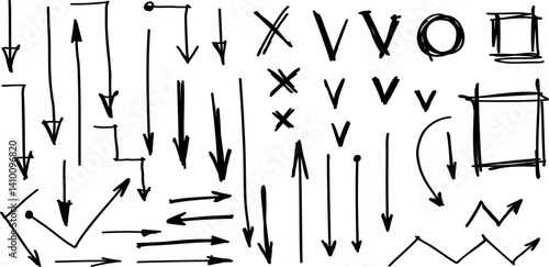 Hand drawn arrows, text underline strokes, emphasis marks, highlights. Set of Sketches of arrows, ellipse, rectangle, oval and mark. Collection of vector doodle elements and shapes for notes