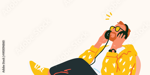 A relaxed individual, wearing headphones and glasses, reclines in leisure. experiencing the auditory world in a captivating illustrated image.