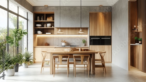 Wallpaper Mural Modern kitchen interior with wooden furniture and plants Torontodigital.ca