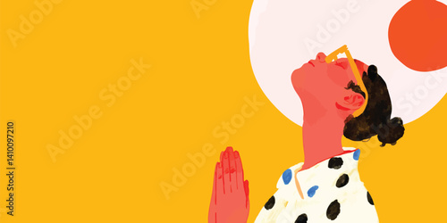 A stylized portrait of a contemplative individual looking up towards a bright sky, exuding a sense of introspection and optimism. The composition is bold and vibrant.