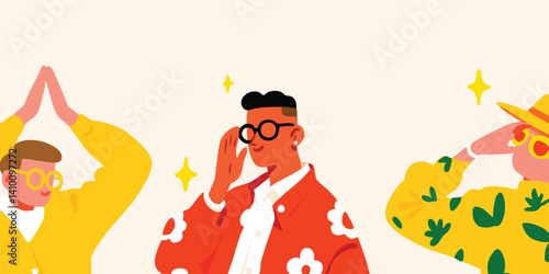 Stylish diverse young adults in fashionable clothing and eyewear.  A vibrant illustration.