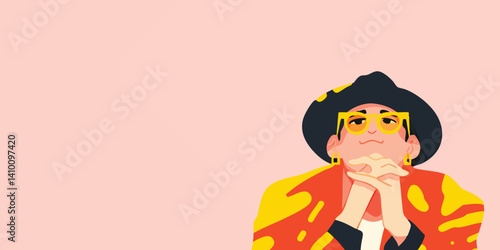 A stylish individual thoughtfully gazes outward, exuding an air of contemplation, against a vibrant background that evokes positivity.