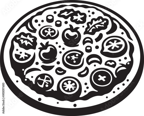 Silhouette vector of flatbread with assorted toppings, ideal for menus, bakery items, Mediterranean food, snack icons, and culinary design elements.