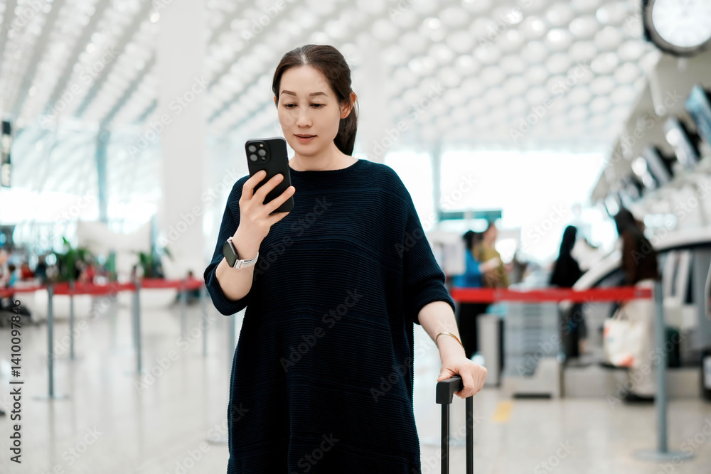 Fototapeta premium Young Woman Checking Phone While Waiting at Airport Check-In