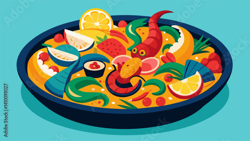 Bold and colorful the paella showcases an array of textures and flavors from the tender bits of scallops to the firm chunks of octopus all reflecting the variety of sea life in the. Vector